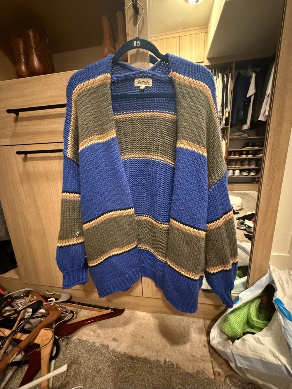 Listicle Blue, Olive & Tan Striped Open Knit Cardigan